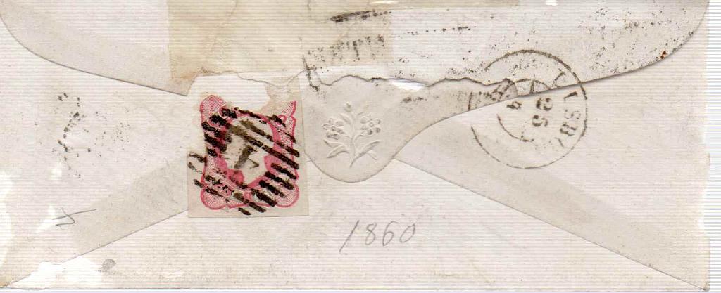 0820 v.jpg -     Lote:    820 (verso)            Portugal       Descrição:         1856/58 &mdash; D. Pedro V. Cabelos anelados. CE13, 25 reis (selo com defeito) em carta de Alcoentre para Lisboa (25.04.60). Carimbo nominativo de ALCOENTRE e numérico da 1.ª reforma "4", tipo 4.3.4.         Carta       Valor Base:     &euro; 12,00     Valor Venda:     Retirado     